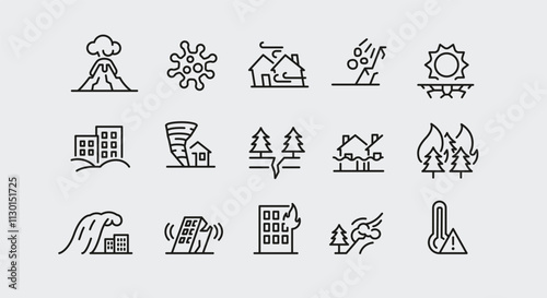 Disasters icons. Set of 15 disasters trendy minimal icons. Example: volcano, virus, flood, Tornado, fire icon. Design signs for web page, mobile app, packaging design. Vector illustration.