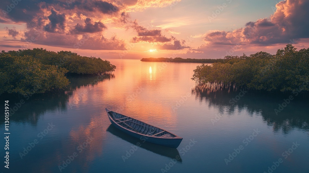 Obraz premium Quiet island with tranquil lagoon surrounded by mangroves, with traditional wooden canoes background wallpaper AI generated image