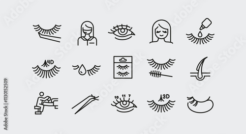 Eyelash Extension Icons. 15 eyelash extension trendy minimal icons. Tweezer, Eyelash, Lash Glue, Eye, Mascara icons. Design signs for web, mobile app, packaging design. Vector illustration