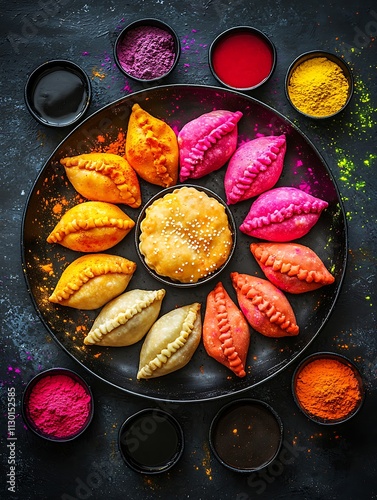 Colorful Gujiya Indian Sweets Arranged in a Circle with Holi Powder on Dark Background.