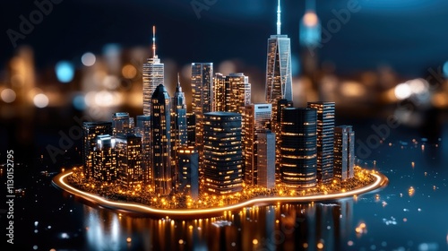 Stunning Nighttime Cityscape with Illuminated Skyscrapers Reflecting on Water in a Modern Urban Setting photo