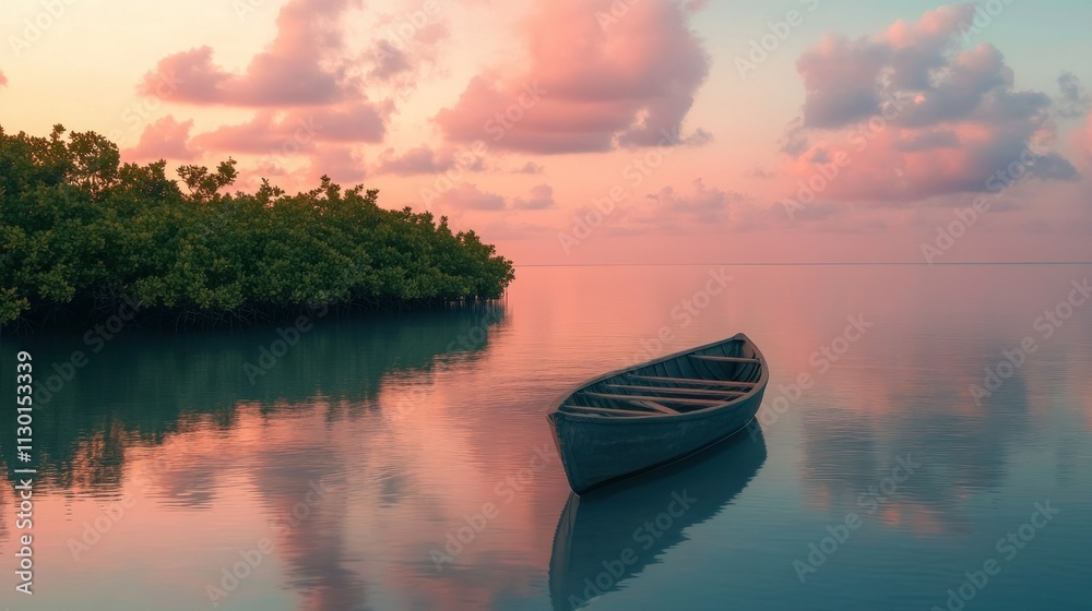 Obraz premium Quiet island with tranquil lagoon surrounded by mangroves, with traditional wooden canoes background wallpaper AI generated image
