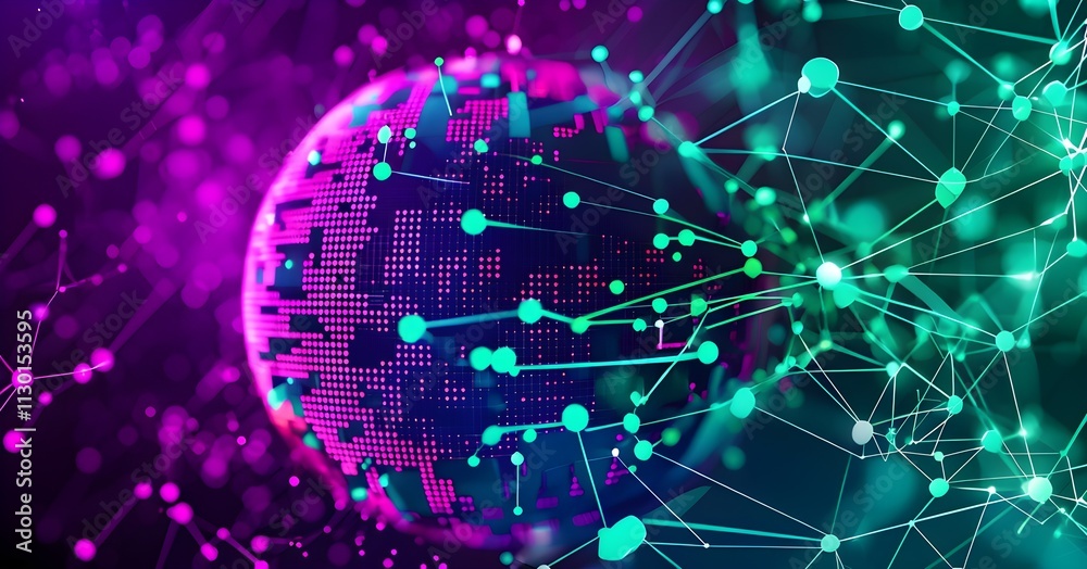 Obraz premium ball breaking into pixels and data points, morphing into a network of neural nodes; clean and futuristic