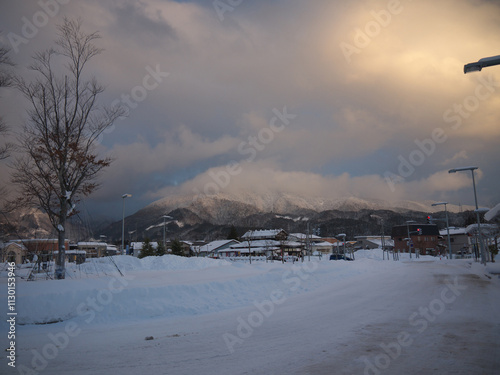 Tazawako small japanese town in winter evening photo