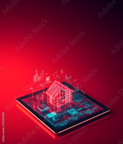 Futuristic Tablet Displaying Real Estate Data on Red Background