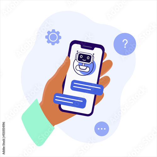 Hand holding smartphone and speaking to virtual assistant, chatting AI app on smartphone. Vector illustration chat bot.