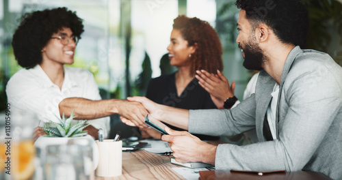 Quadro su tela Handshake, team and happy business people with agreement, sponsorship and b2b partnership
