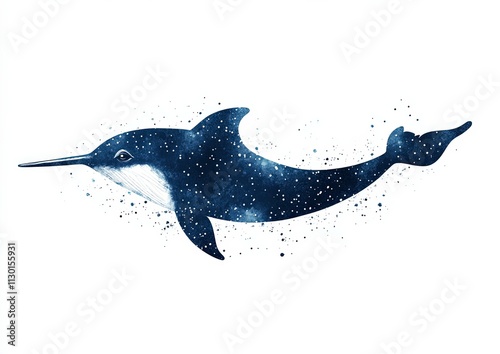 Artistic depiction of a narwhal swimming through a night sky filled with stars photo