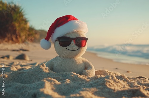 A sandman wearing sunglasses and a Santa hat on the beach photo