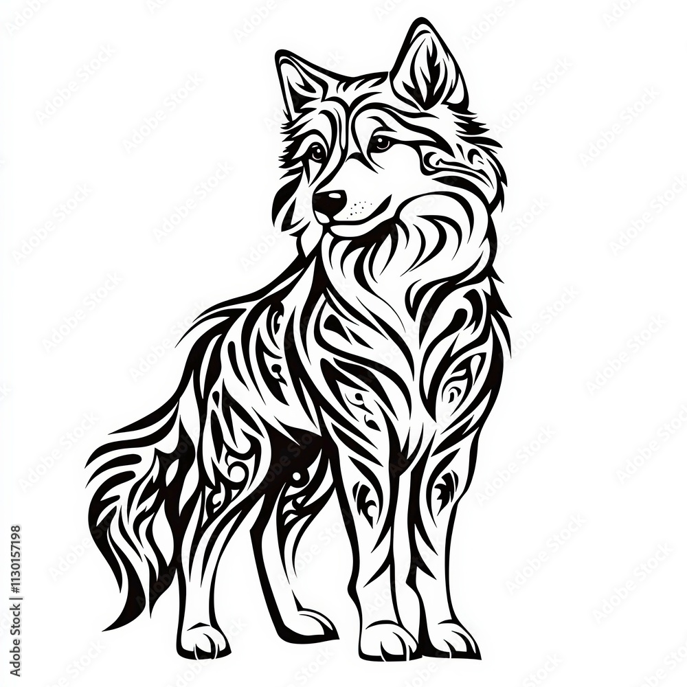 Obraz premium Intricate black and white tribal design of a standing wolf with flowing fur patterns