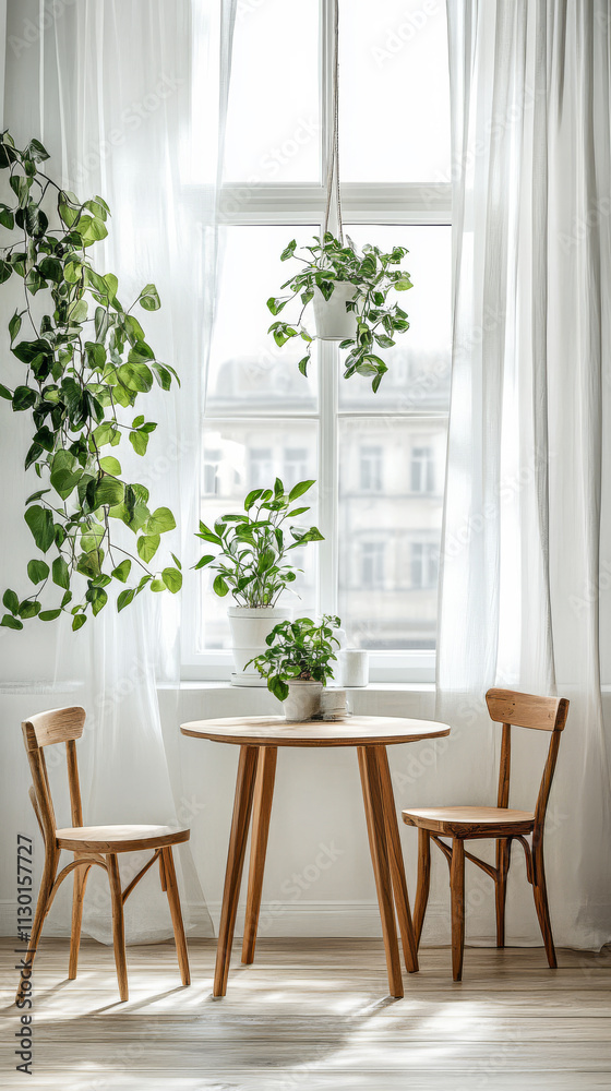 Fototapeta premium Cozy indoor setting with plants and wooden furniture near a sunlit window