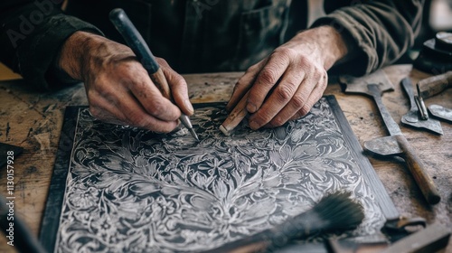 Close-up of hands carving intricate designs on a linoleum block for printmaking, tools scattered around