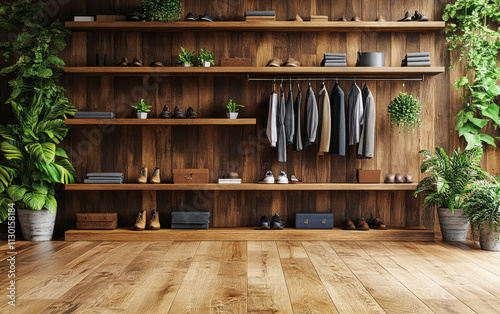 Stylish wooden storage area featuring footwear and clothing in a modern setting photo