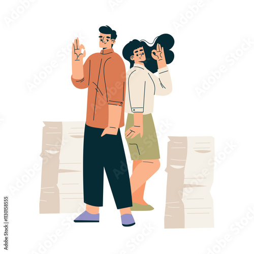 Man and Woman Showing Ok Hand Gesture as Successful Partnership and Teamwork Vector Illustration