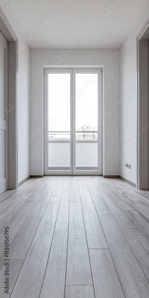 Fototapeta premium Spacious room with light wooden flooring and large windows overlooking the cityscape