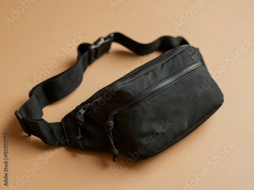 Black blank Fanny pack mockup.Eco friendly stylish trendy Waist pack Zippered Fanny Pack laying flat