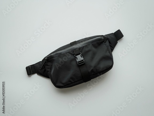 Black blank Fanny pack mockup.Eco friendly stylish trendy Waist pack Zippered Fanny Pack laying flat photo