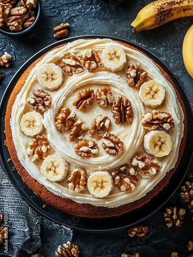 Delicious Banana and Walnut Cake Topped with Creamy Frosting. photo