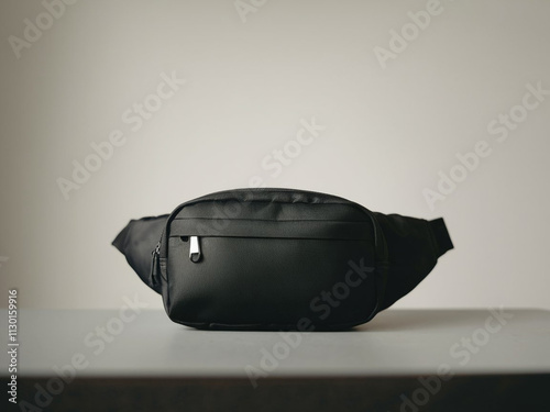 Black blank Fanny pack mockup.Eco friendly stylish trendy Waist pack Zippered Fanny Pack laying flat photo