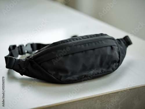 Black blank Fanny pack mockup.Eco friendly stylish trendy Waist pack Zippered Fanny Pack laying flat photo