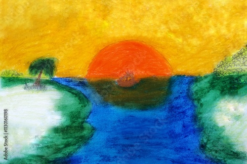 illustration of a landscape with a blue sea at dusk