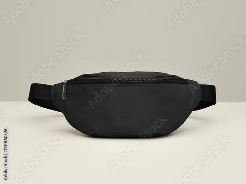 Black blank Fanny pack mockup.Eco friendly stylish trendy Waist pack Zippered Fanny Pack laying flat photo