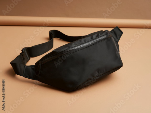 Black blank Fanny pack mockup.Eco friendly stylish trendy Waist pack Zippered Fanny Pack laying flat photo