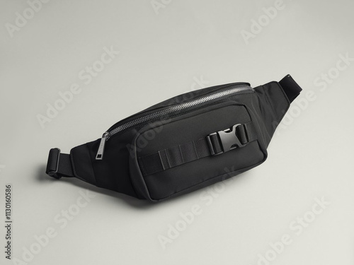 Black blank Fanny pack mockup.Eco friendly stylish trendy Waist pack Zippered Fanny Pack laying flat photo