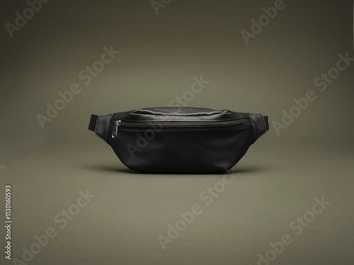 Black blank Fanny pack mockup.Eco friendly stylish trendy Waist pack Zippered Fanny Pack laying flat photo