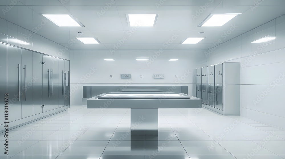 Modern hospital morgue interior, focusing on themes of death, autopsy, and funeral services, presented as a 3D render with copy space Modern hospital morgue interior, focusing on themes of death, autopsy, and funeral services, presented as a 3D render with copy space