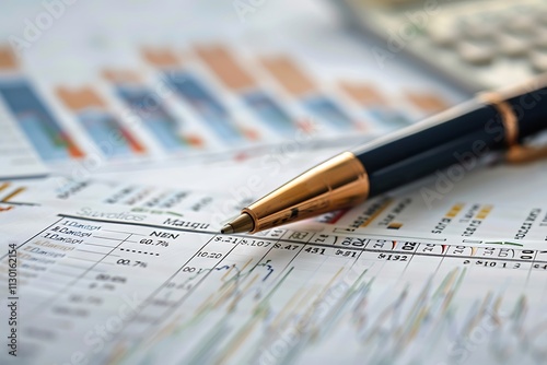financial chart with pen and calculator, shallow depth of field, focus on the pen