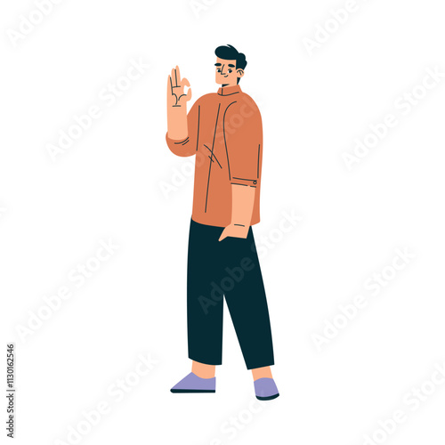 Man Character Stand Showing Ok Hand Gesture Vector Illustration