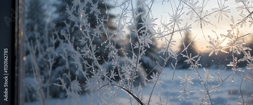 Close-Up of Frosted Window with Intricate Ice Crystals and Snowy Landscape photo