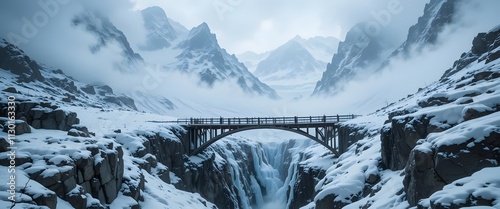 Rugged Mountain Pass in a Fierce Snowstorm with Icy Chasm photo