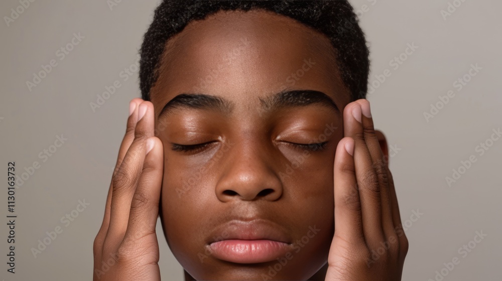 Fototapeta premium Young man experiencing intense head pain while pressing his fingers to his temples for relief