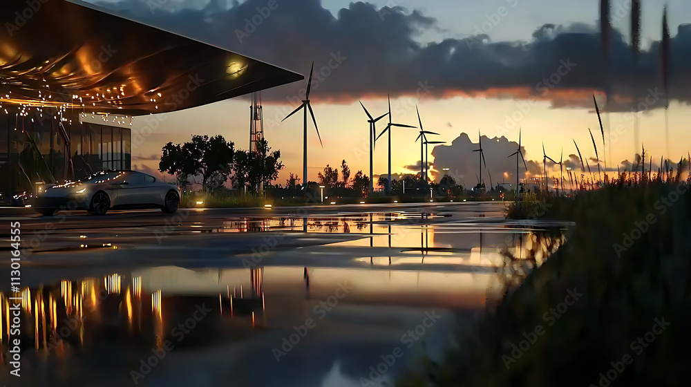 Naklejka premium A city scene with a large building and a few cars