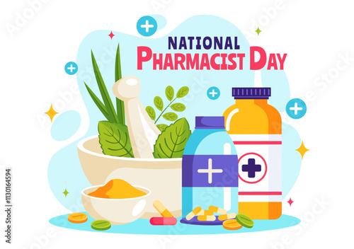 World Pharmacists Day Vector Illustration Featuring a Doctor, Medicines, and Pills in a Healthcare Themed Flat Style Cartoon Background