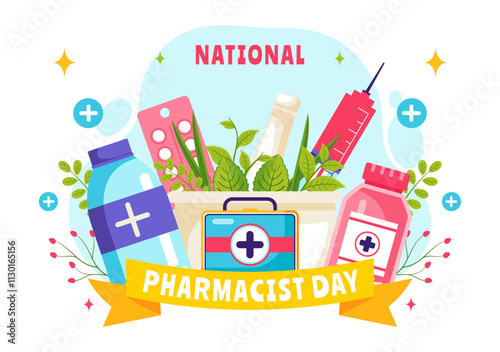 World Pharmacists Day Vector Illustration Featuring a Doctor, Medicines, and Pills in a Healthcare Themed Flat Style Cartoon Background