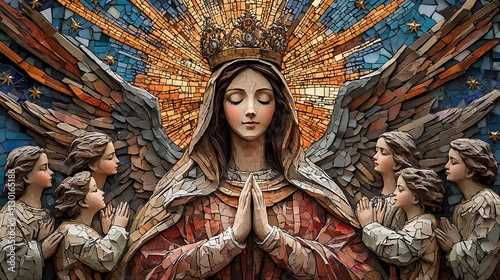 Mosaic of Saint Mary’s coronation as Queen of Heaven, adorned with a golden crown, surrounded by angels with serene expressions, deep blue and radiant gold mosaic tiles forming a celestial backdrop, photo