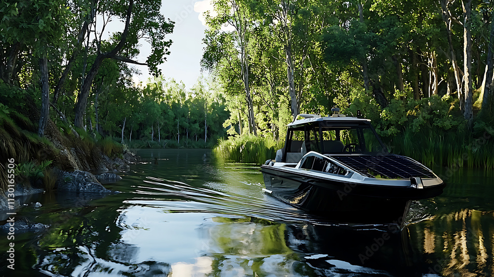Obraz premium A black boat is on a river with trees in the background