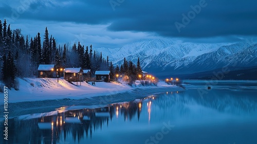 Enchanting Winter Night Landscape in Kluane National Park, Canada with Jade-Colored Lake, Snow-Covered Mountains, Cozy Wooden Huts, Pine Trees, and Reflective Water Surface Illuminated by Streetlights photo