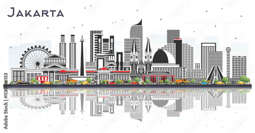 Obraz premium Jakarta Indonesia City Skyline with Gray Buildings and reflections Isolated on White. Business Travel and Tourism Concept with Historic and Modern Architecture. Jakarta Cityscape with Landmarks.