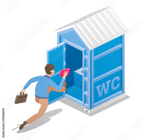 Man run to portable chemical toilet. Isometric dry water closet cabin. Object isolated on white. Man run to blue restroom WC lavatory stall.