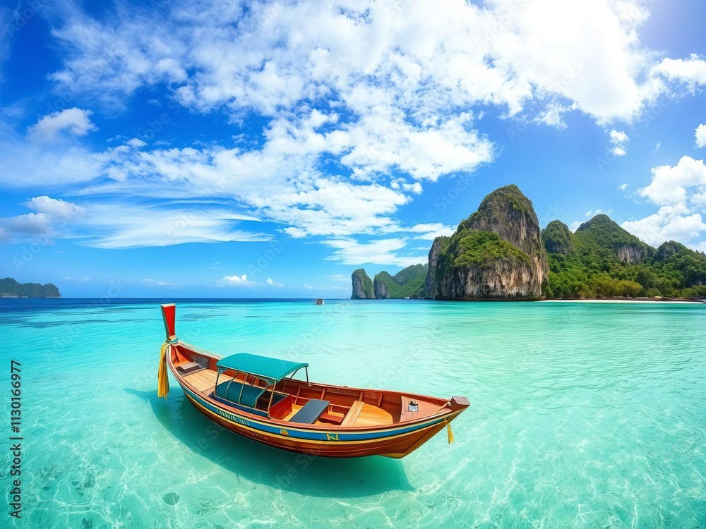 Fototapeta premium Stunning aerial view of tropical beach with traditional longtail boat, vibrant colors and artistic composition, scenery, beach
