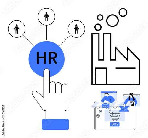 Human hand selecting HR, factory building with gears, shoppers on online store interface. Ideal for HR, industry, manufacturing, e-commerce, technology business workflow. Line metaphor