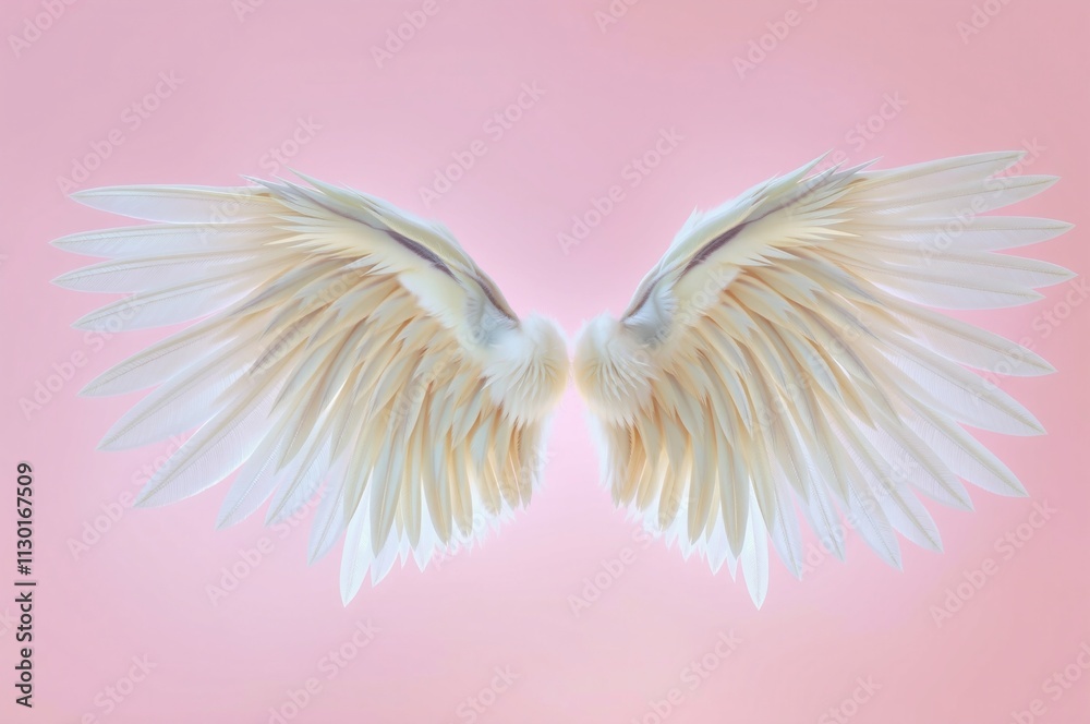 Fototapeta premium Elegant White Angel Wings on Soft Pink Background