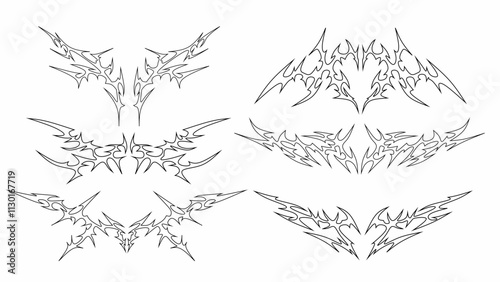 Set of Symmetrical neo tribal sigilism Pattern Cyber ​​Gothic Elements vector in Abstract White black