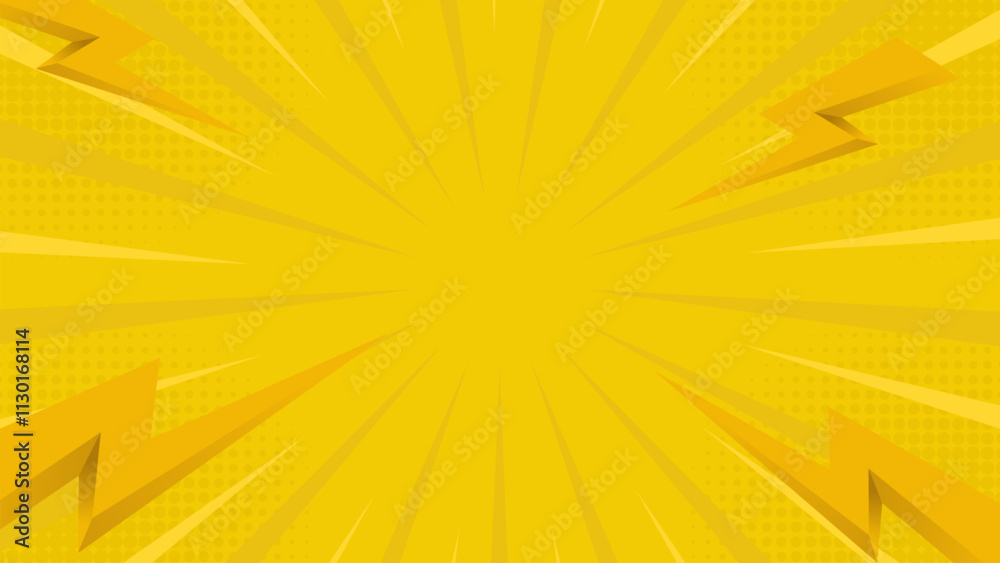 Fototapeta premium Glowing yellow comic background with lightning and pop art. Vector illustration. Suitable for comics, prints, wallpapers, posters, etc.