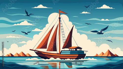 A lone sail boat on the sea, sky, flying birds, ultra-detailed. Lone Sailboat on the Sea with Birds Flying in the Sky - Ultra-Realistic Nautical Scene