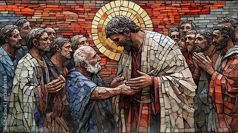 Naklejka premium Mosaic of Saint Peter healing the sick, his hand extended towards a frail old man, crowd gathered around in awe, vibrant shades of green and blue tiles,